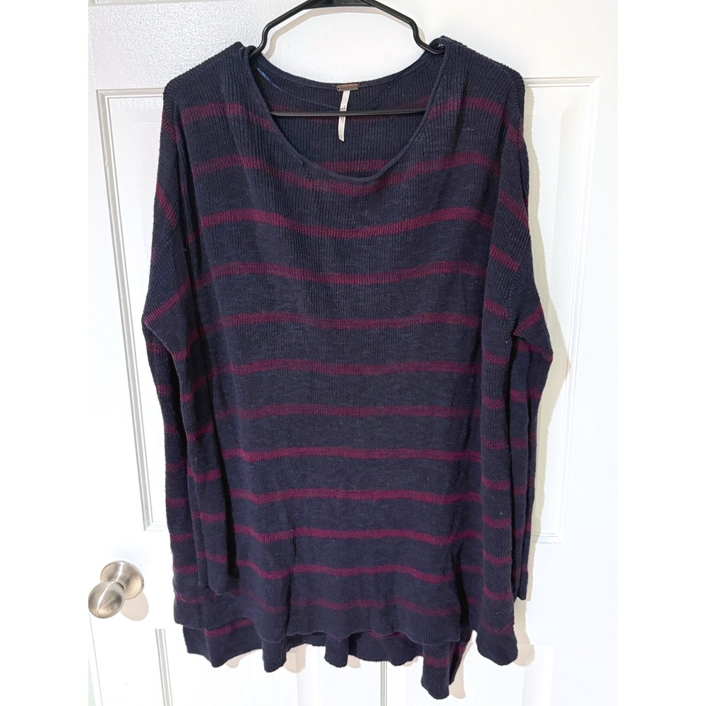 Free People Navy Blue Burgundy Striped Oversized‎ Knit Sweater Small S P Slouchy